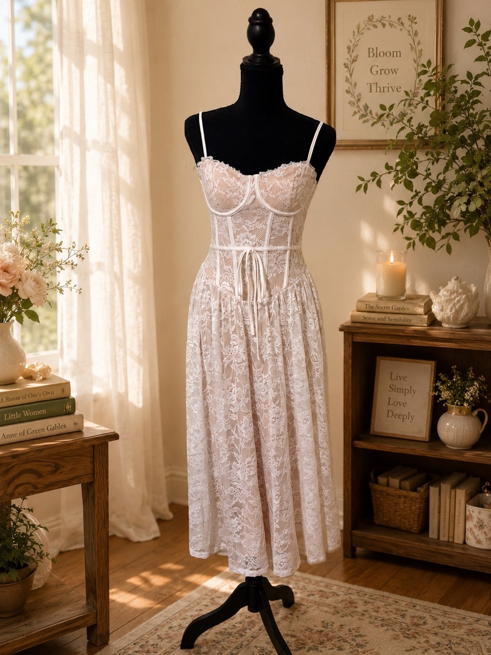 Lace Midi Slip Chemise in White with Corset Bodice
